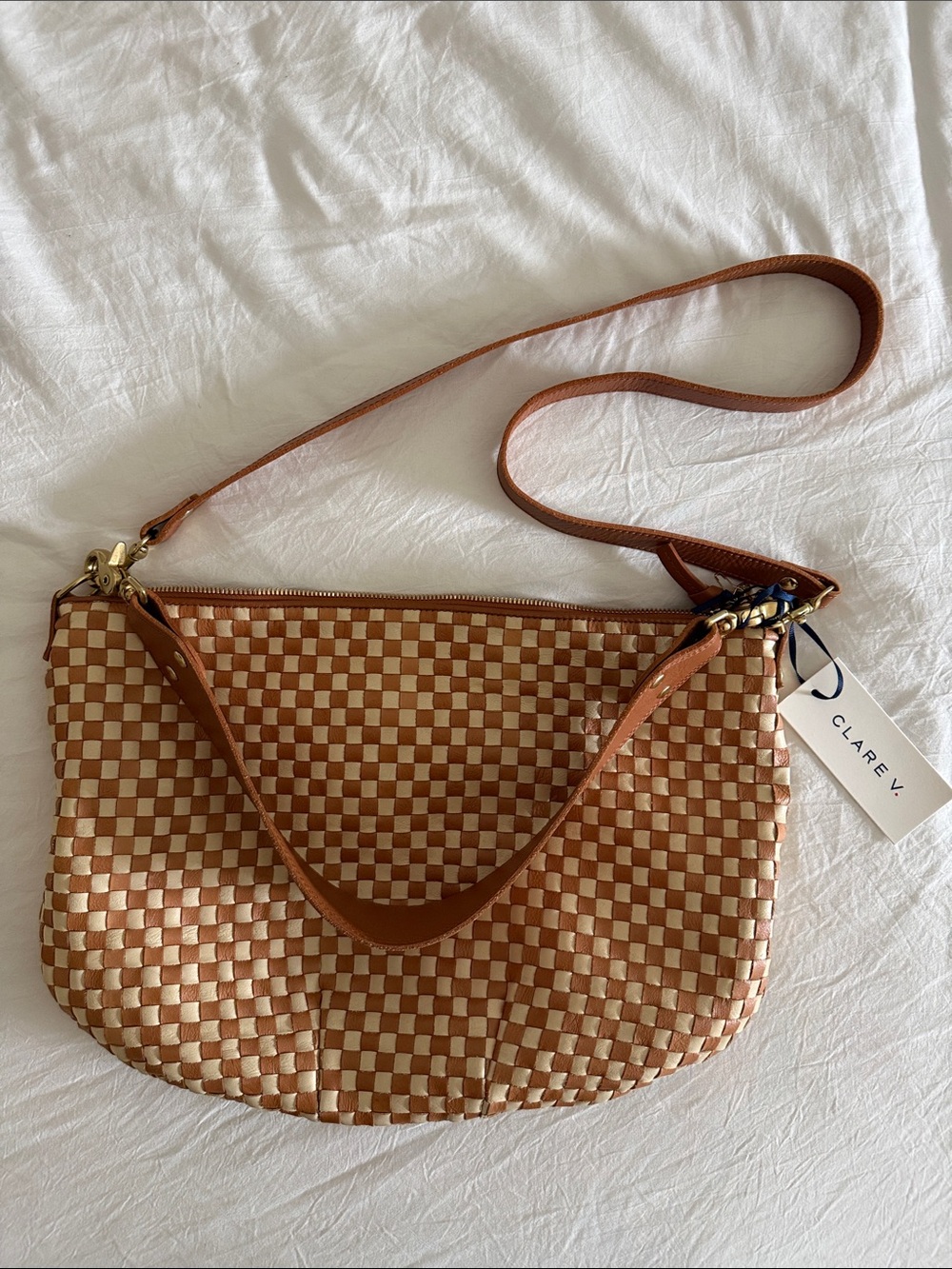 Clare V Tan and Cream Woven Shoulder Bag